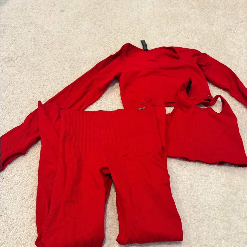 Fenty Red Ribbed 3-Piece Active Set - Top, Sports Bra & Leggings
